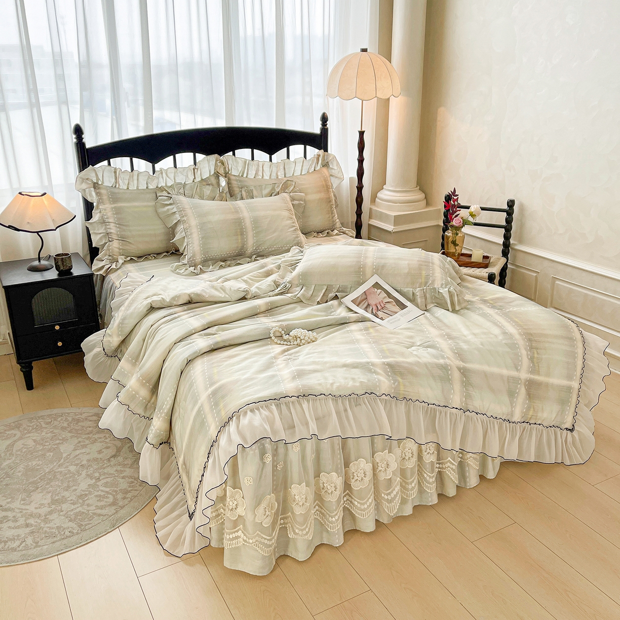 91家纺网 家纺一手货源 找家纺 宜凡家纺 2026新款全棉数码印花夏被床裙四件套④号系列 光之羽 绿