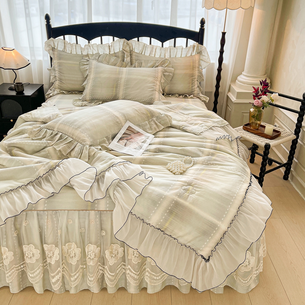 91家纺网 家纺一手货源 找家纺 宜凡家纺 2026新款全棉数码印花夏被床裙四件套④号系列 光之羽 绿