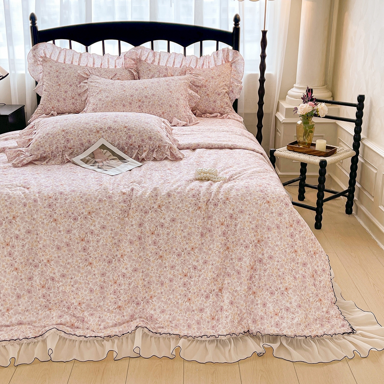 91家纺网 家纺一手货源 找家纺 宜凡家纺 2026新款全棉数码印花夏被床裙四件套④号系列 醒春集