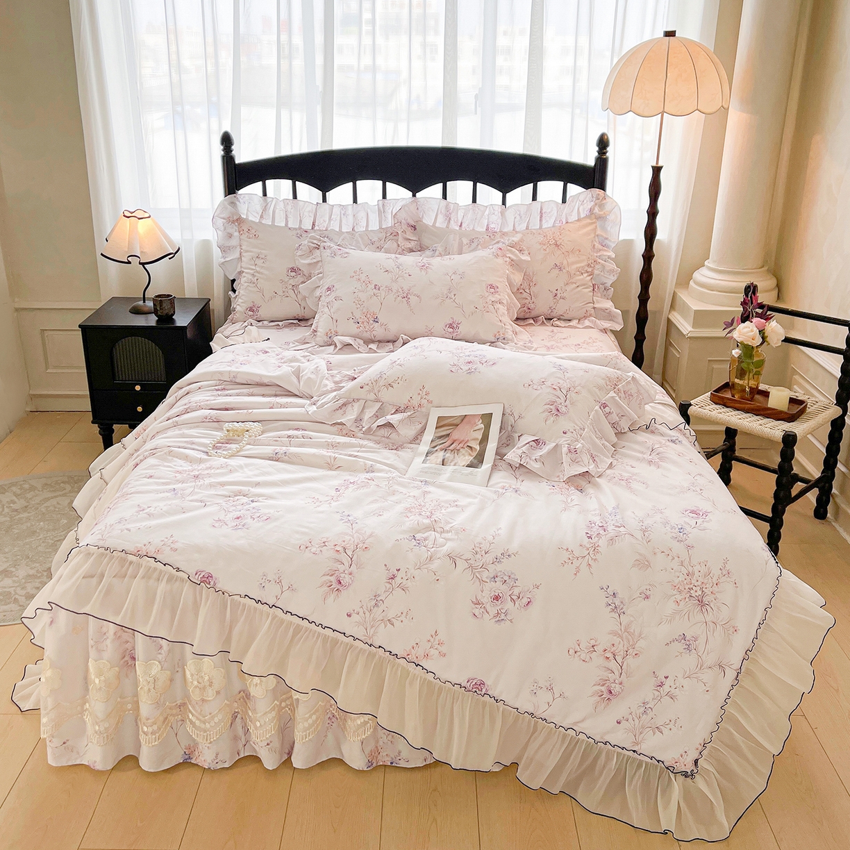 91家纺网 家纺一手货源 找家纺 宜凡家纺 2026新款全棉数码印花夏被床裙四件套④号系列 悦色