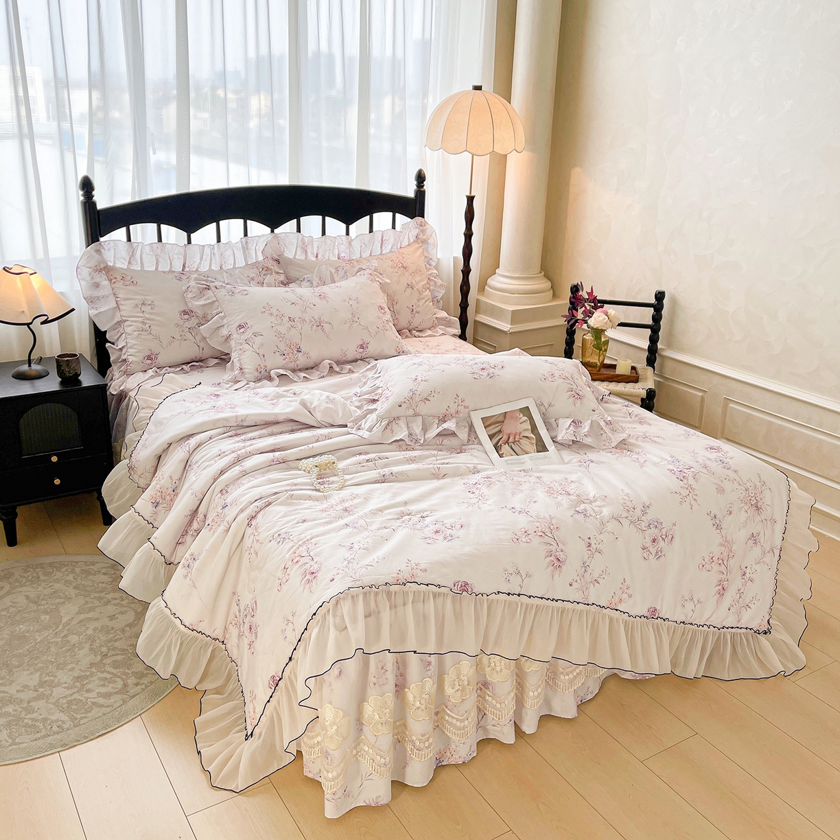 91家纺网 家纺一手货源 找家纺 宜凡家纺 2026新款全棉数码印花夏被床裙四件套④号系列 悦色