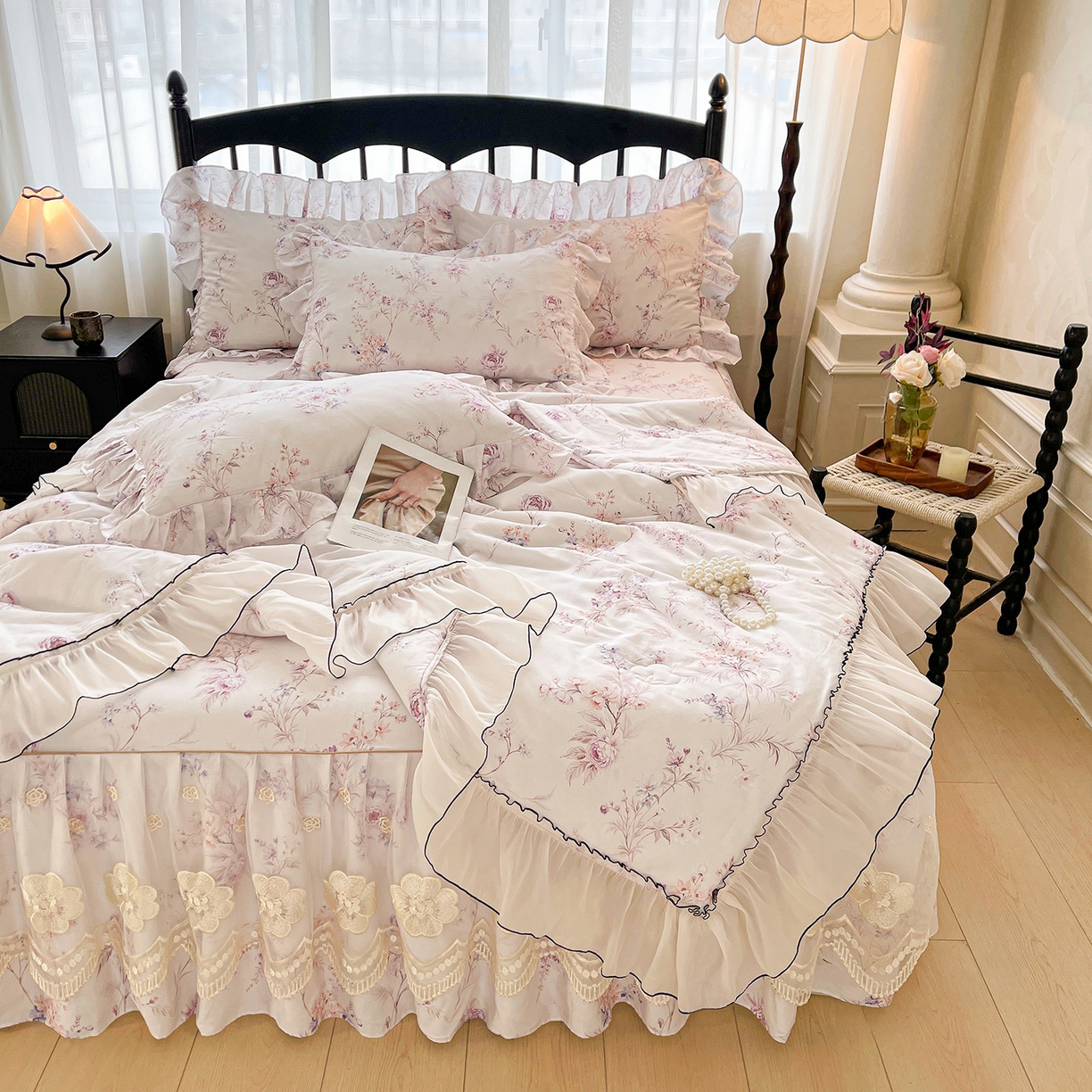 91家纺网 家纺一手货源 找家纺 宜凡家纺 2026新款全棉数码印花夏被床裙四件套④号系列 悦色