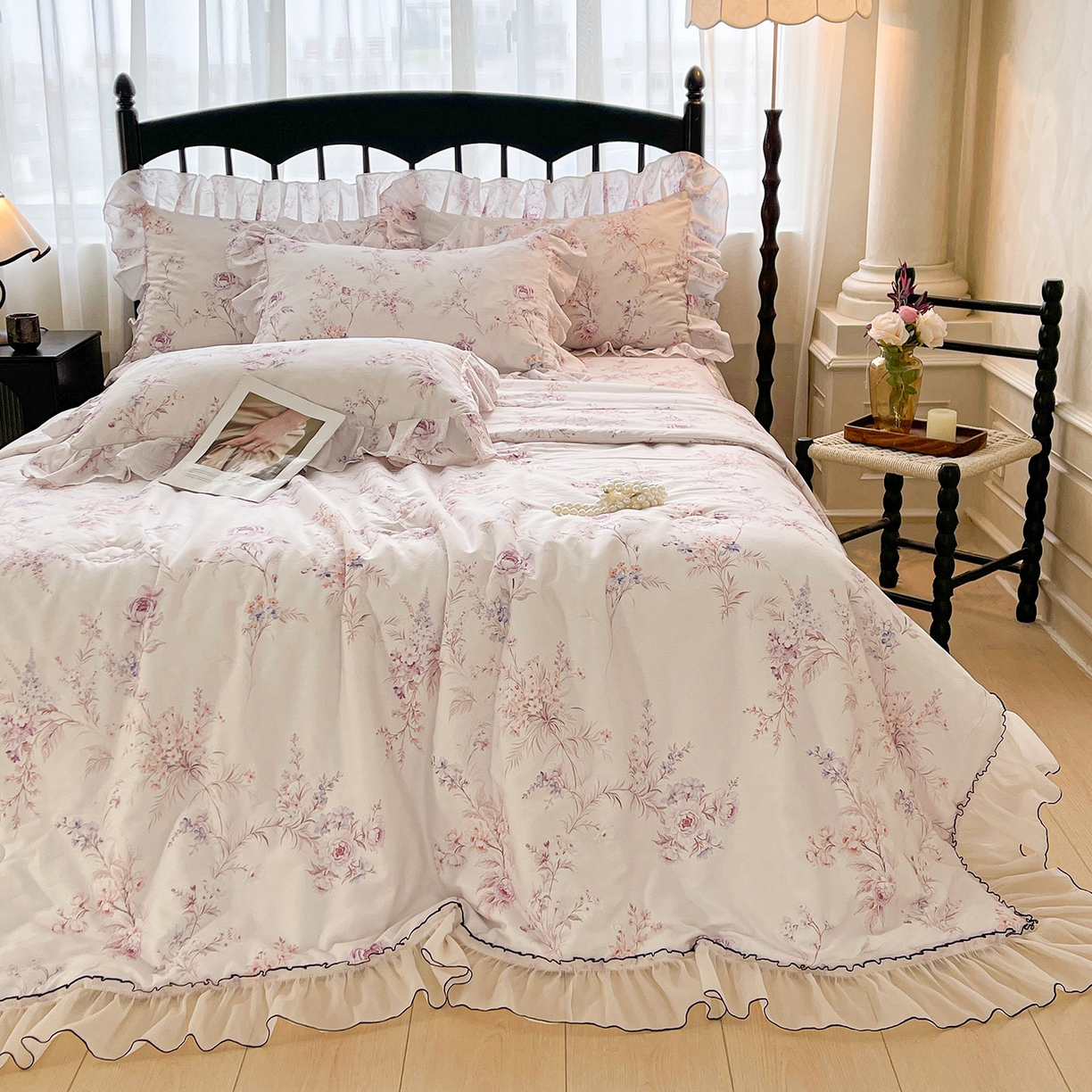 91家纺网 家纺一手货源 找家纺 宜凡家纺 2026新款全棉数码印花夏被床裙四件套④号系列 悦色