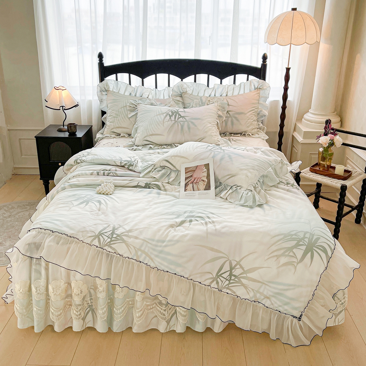 91家纺网 家纺一手货源 找家纺 宜凡家纺 2026新款全棉数码印花夏被床裙四件套④号系列 竹影 绿