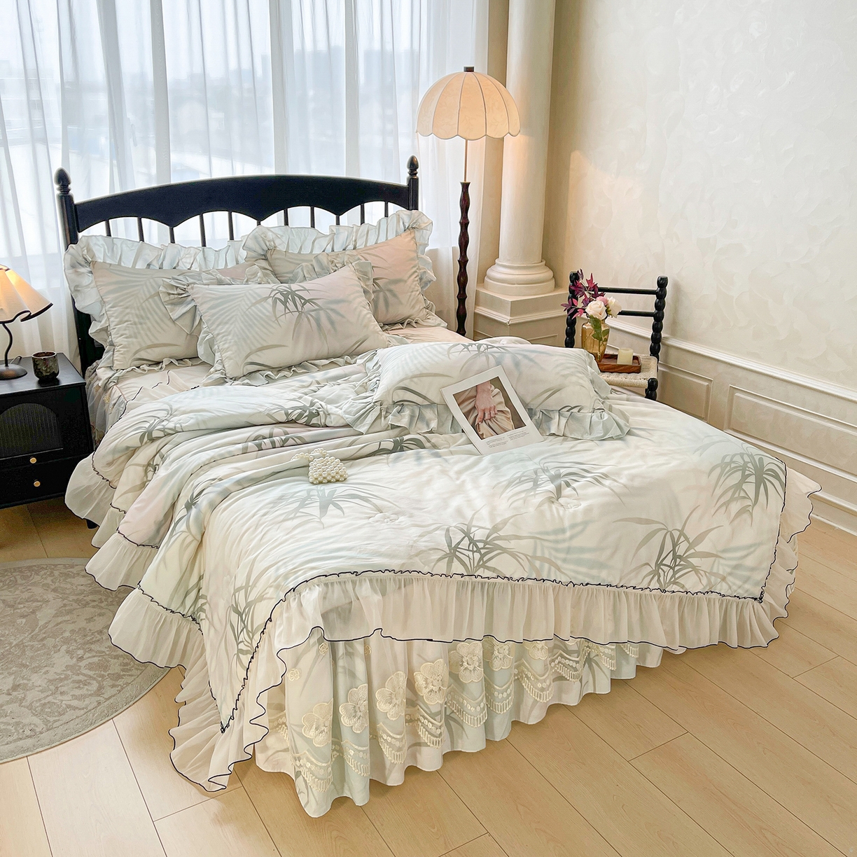 91家纺网 家纺一手货源 找家纺 宜凡家纺 2026新款全棉数码印花夏被床裙四件套④号系列 竹影 绿