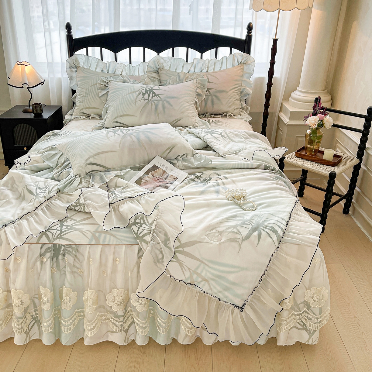 91家纺网 家纺一手货源 找家纺 宜凡家纺 2026新款全棉数码印花夏被床裙四件套④号系列 竹影 绿