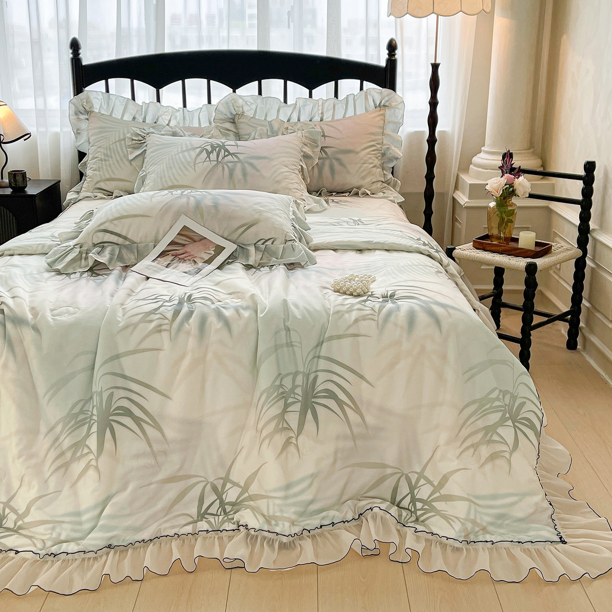 91家纺网 家纺一手货源 找家纺 宜凡家纺 2026新款全棉数码印花夏被床裙四件套④号系列 竹影 绿