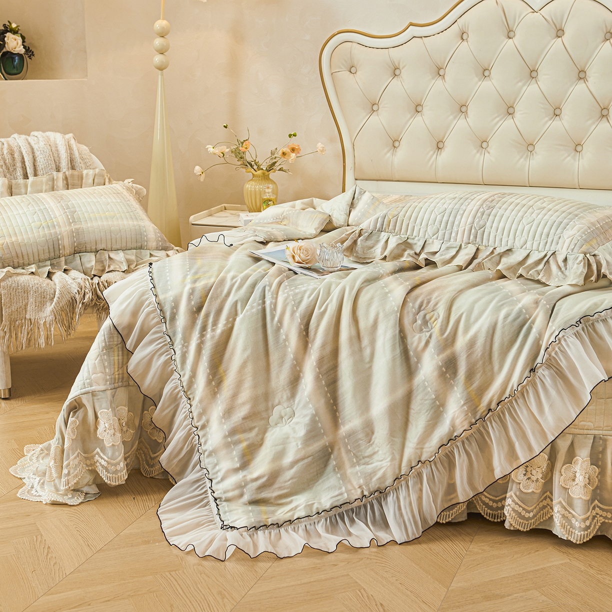 91家纺网 家纺一手货源 找家纺 宜凡家纺 2026新款全棉数码印花夏被床盖四件套④号系列 光之羽 绿