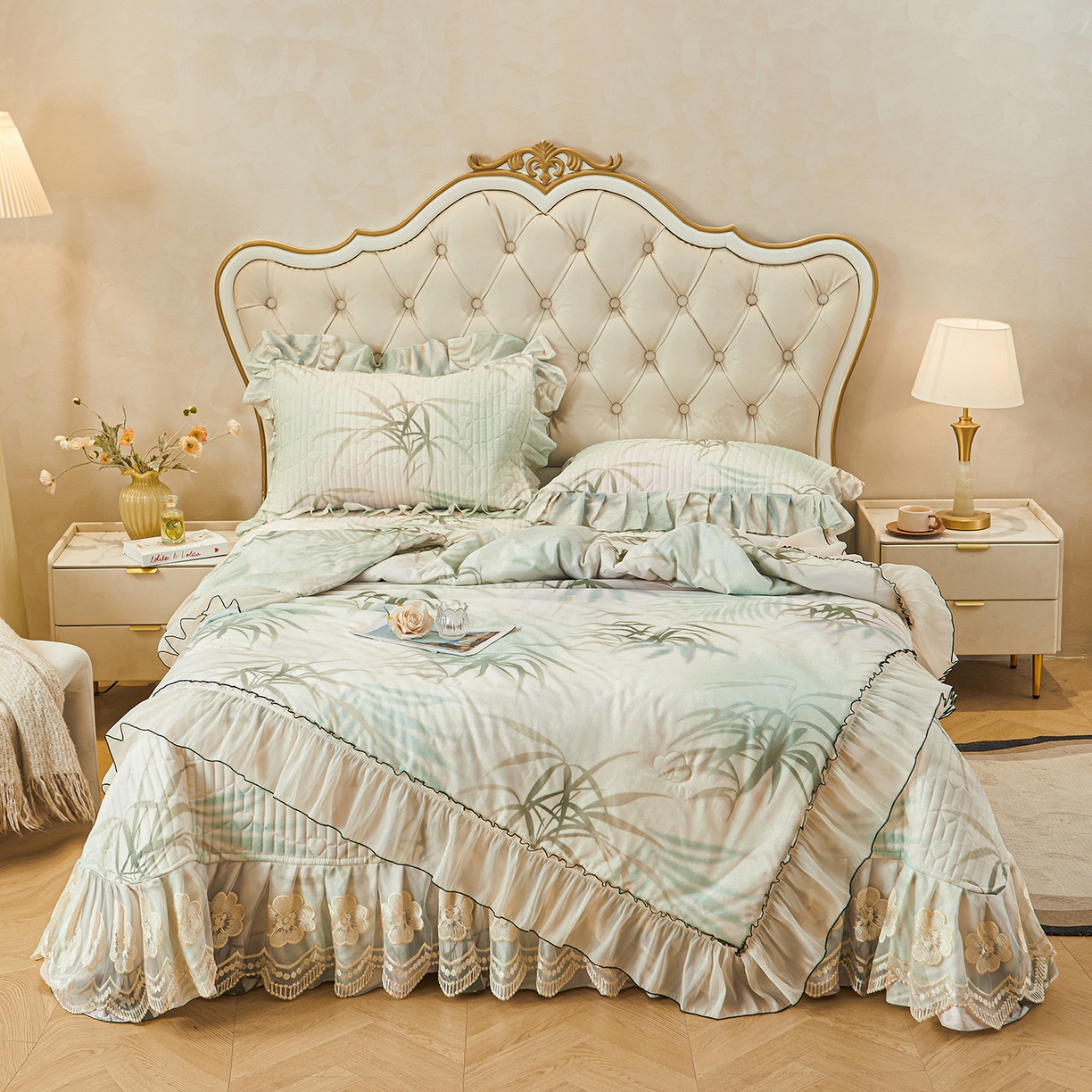 91家纺网 家纺一手货源 找家纺 宜凡家纺 2026新款全棉数码印花夏被床盖四件套④号系列 竹影 绿