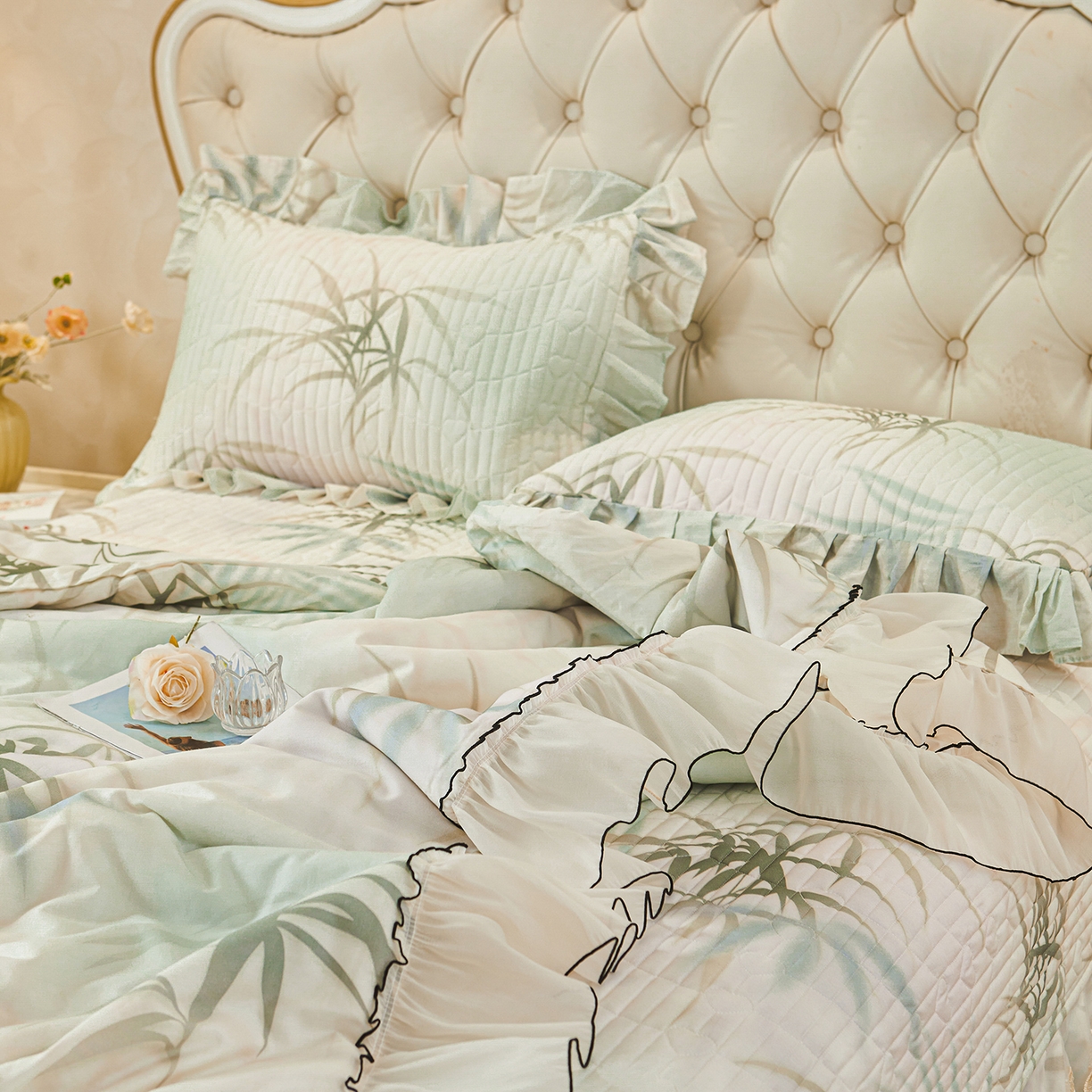 91家纺网 家纺一手货源 找家纺 宜凡家纺 2026新款全棉数码印花夏被床盖四件套④号系列 竹影 绿