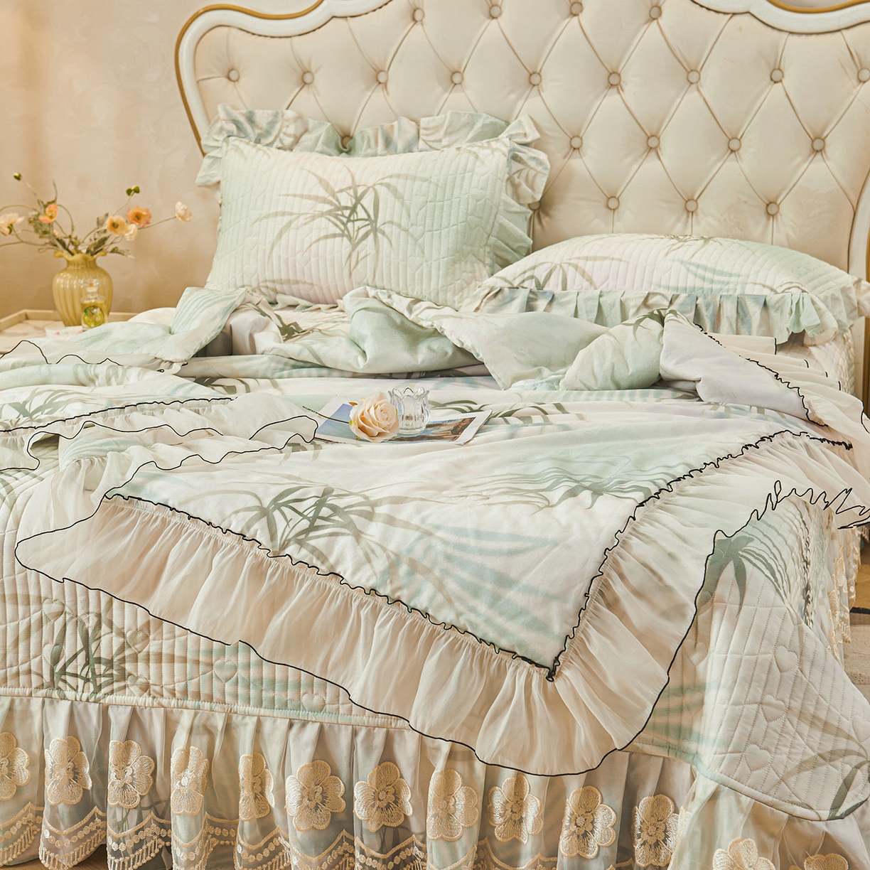 91家纺网 家纺一手货源 找家纺 宜凡家纺 2026新款全棉数码印花夏被床盖四件套④号系列 竹影 绿