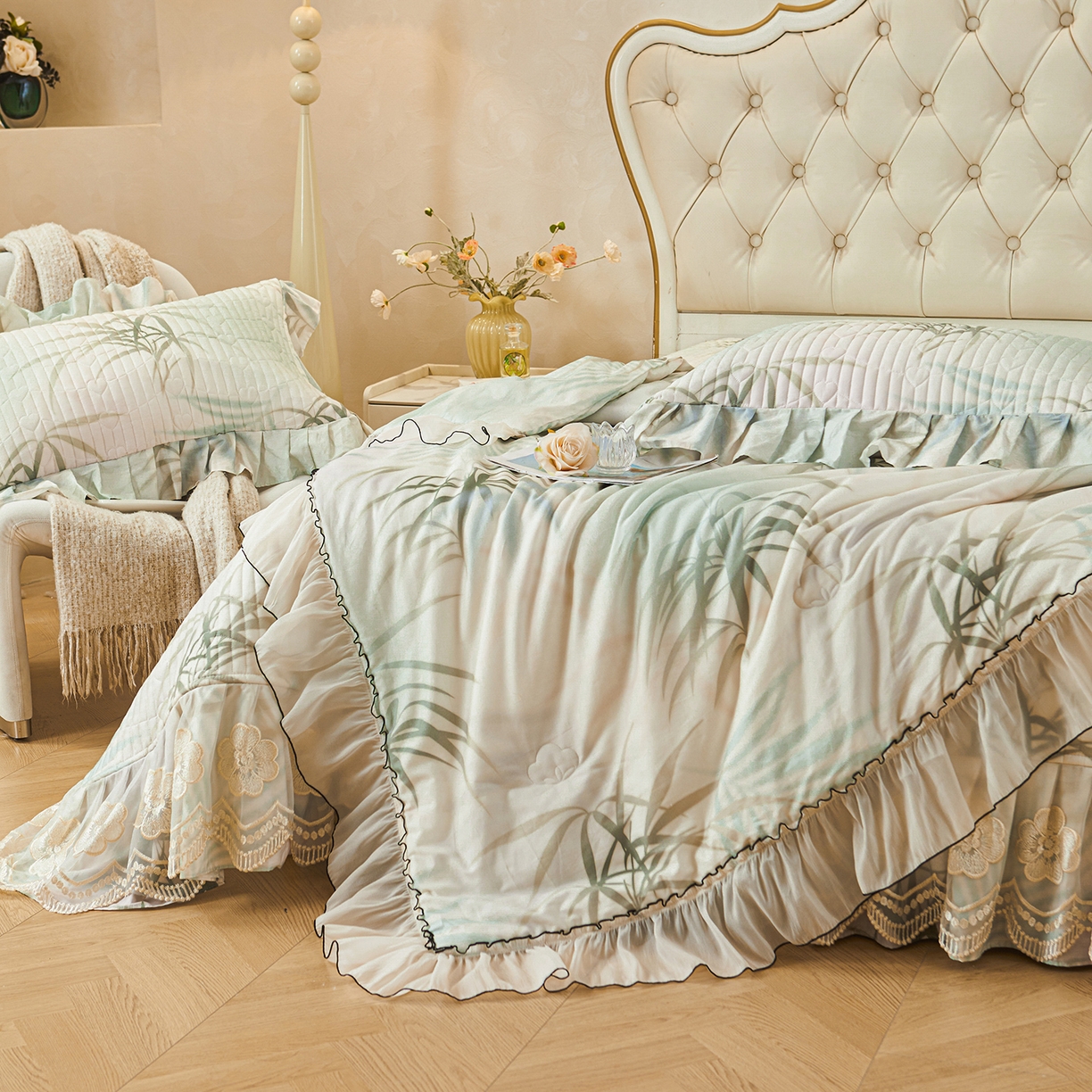 91家纺网 家纺一手货源 找家纺 宜凡家纺 2026新款全棉数码印花夏被床盖四件套④号系列 竹影 绿