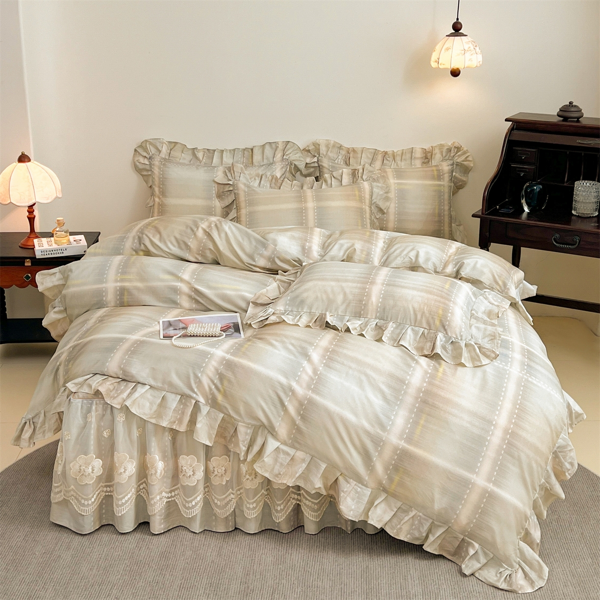 91家纺网 家纺一手货源 找家纺 宜凡家纺 2026新款全棉数码印花单床裙三件套④号系列 光之羽 绿