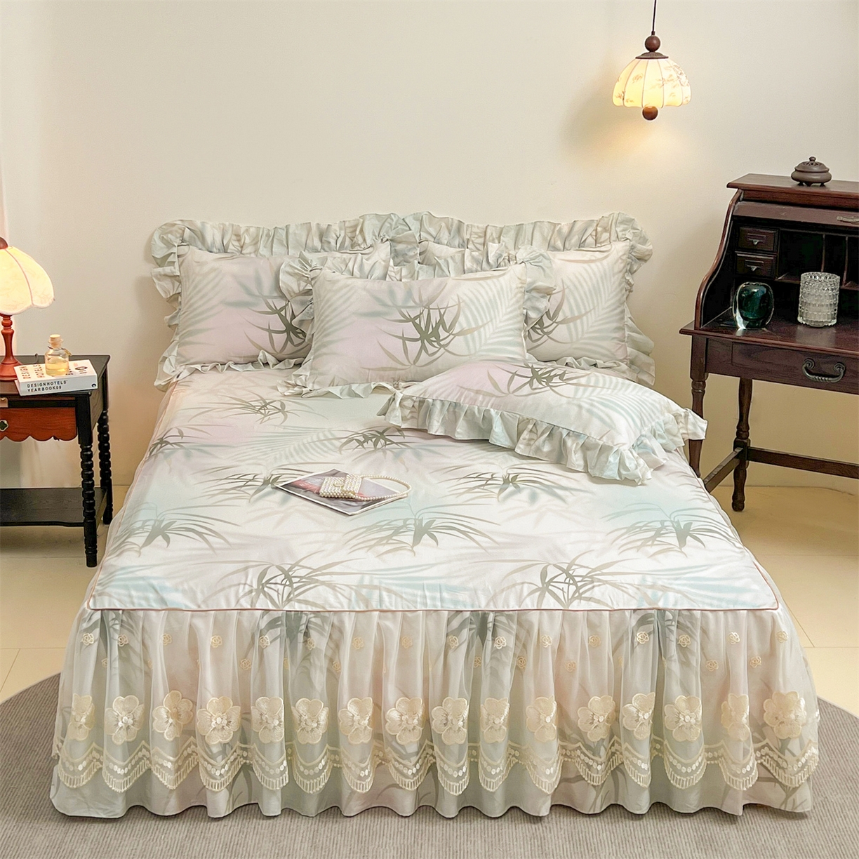 91家纺网 家纺一手货源 找家纺 宜凡家纺 2026新款全棉数码印花单床裙三件套④号系列 竹影 绿