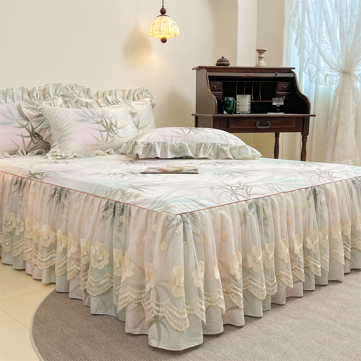 91家纺网 家纺一手货源 找家纺 宜凡家纺 2026新款全棉数码印花单床裙三件套④号系列 竹影 绿