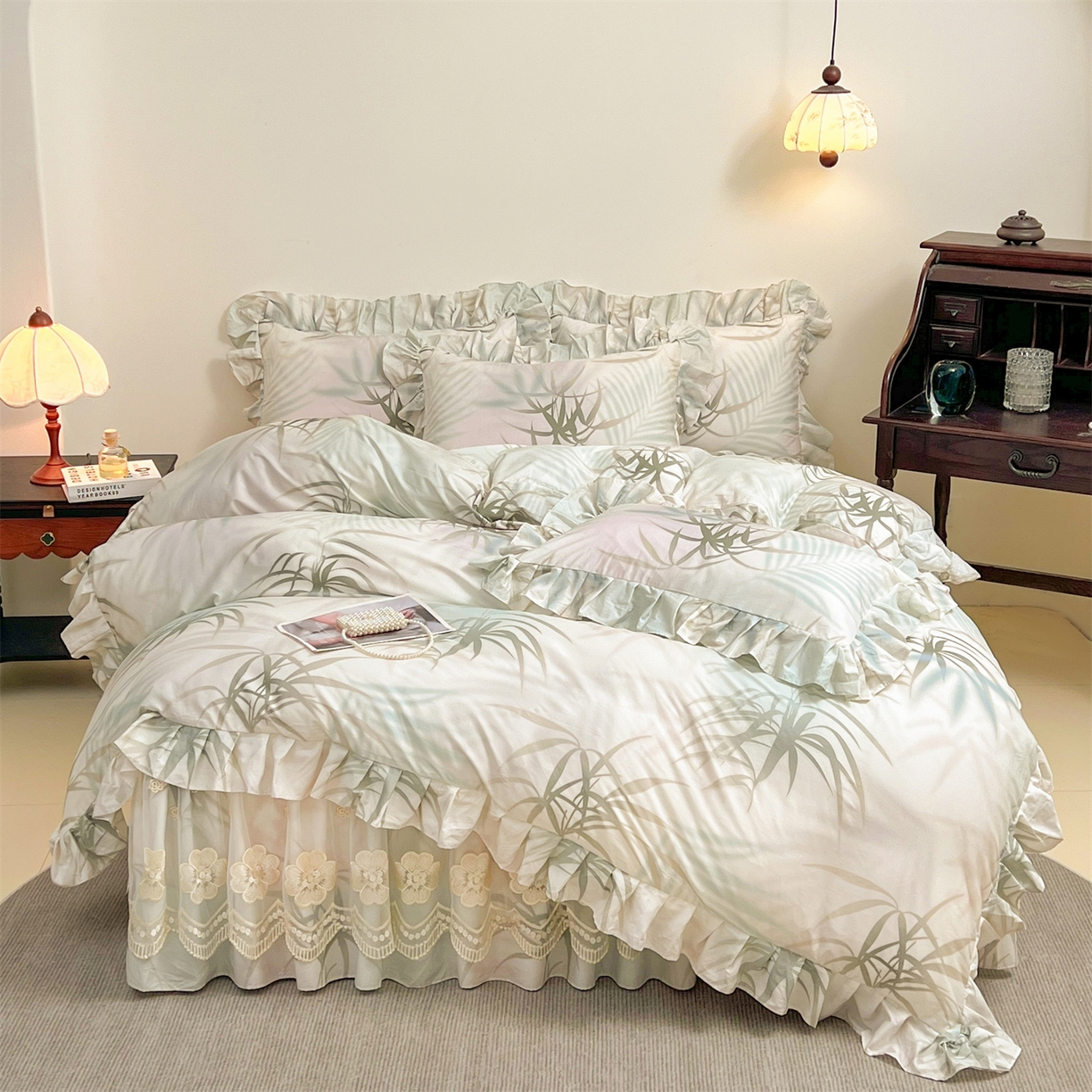 91家纺网 家纺一手货源 找家纺 宜凡家纺 2026新款全棉数码印花单床裙三件套④号系列 竹影 绿