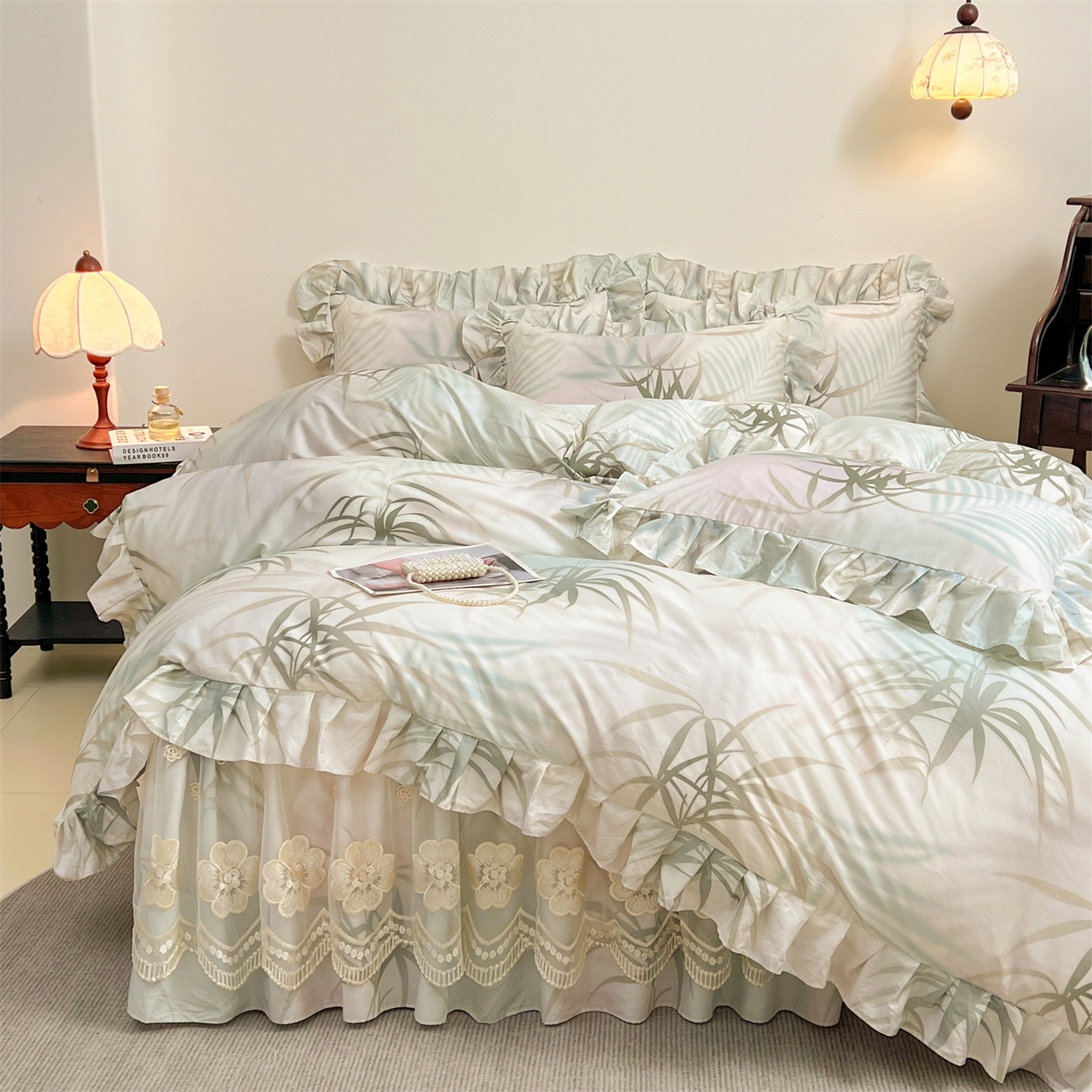 91家纺网 家纺一手货源 找家纺 宜凡家纺 2026新款全棉数码印花单床裙三件套④号系列 竹影 绿