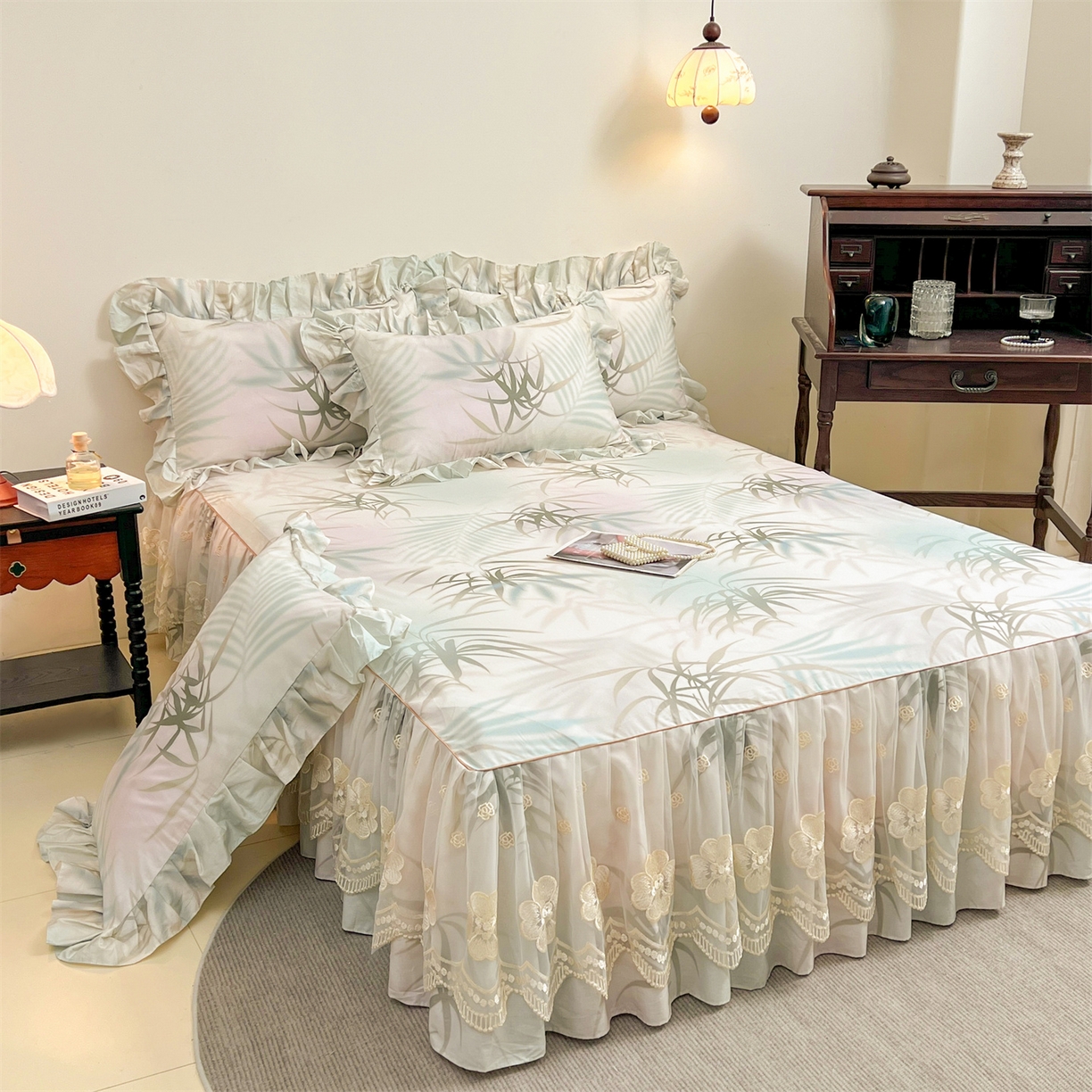 91家纺网 家纺一手货源 找家纺 宜凡家纺 2026新款全棉数码印花单床裙四件套④号系列 竹影 绿