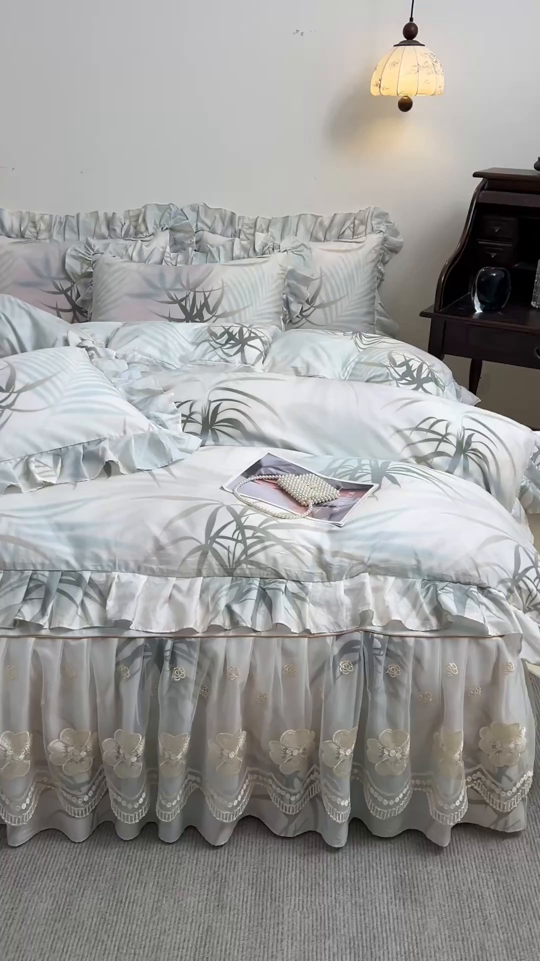 91家纺网 家纺一手货源 找家纺 宜凡家纺 2026新款全棉数码印花单床裙四件套④号系列 竹影 绿