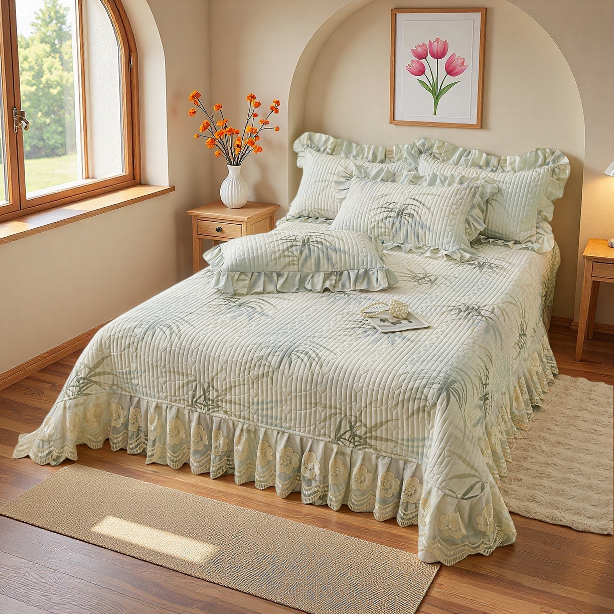 91家纺网 家纺一手货源 找家纺 宜凡家纺 2026新款全棉数码印花床盖三件套④号系列 竹影-绿