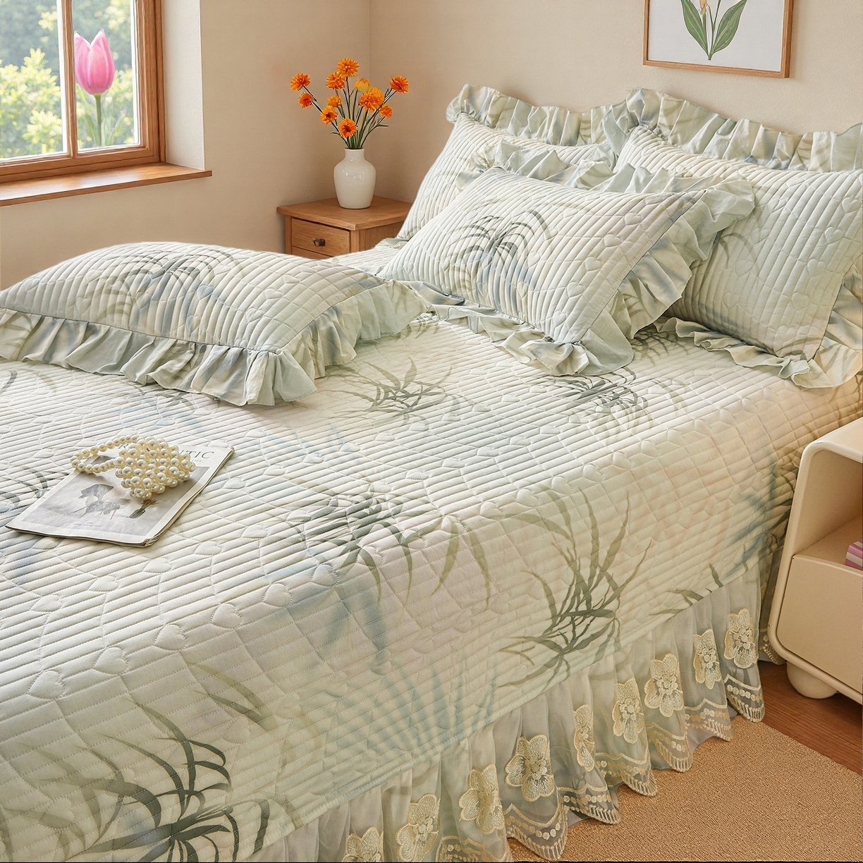 91家纺网 家纺一手货源 找家纺 宜凡家纺 2026新款全棉数码印花床盖三件套④号系列 竹影-绿