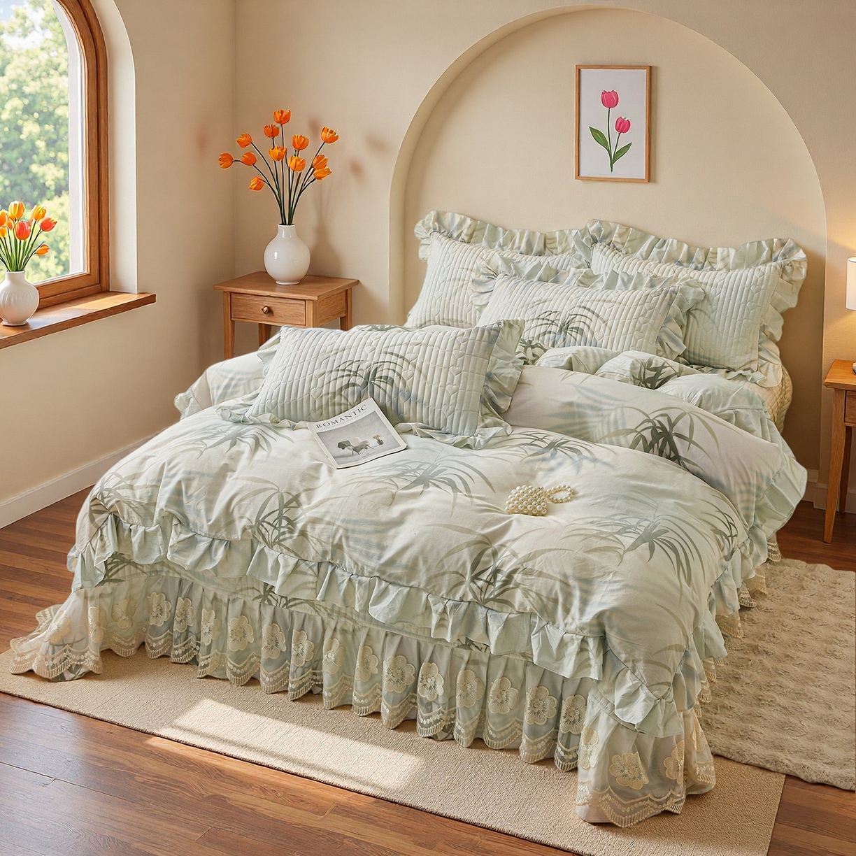 91家纺网 家纺一手货源 找家纺 宜凡家纺 2026新款全棉数码印花床盖三件套④号系列 竹影-绿