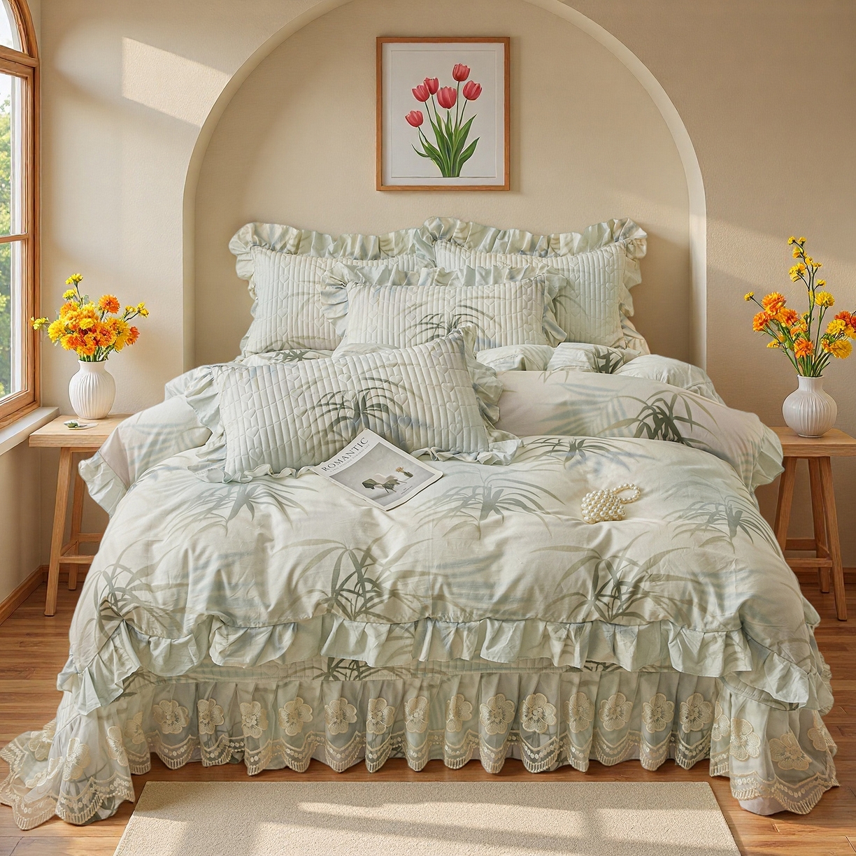 91家纺网 家纺一手货源 找家纺 宜凡家纺 2026新款全棉数码印花床盖三件套④号系列 竹影-绿