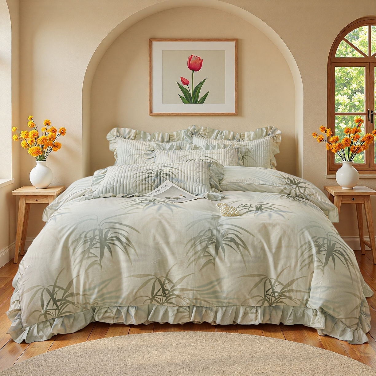 91家纺网 家纺一手货源 找家纺 宜凡家纺 2026新款全棉数码印花床盖三件套④号系列 竹影-绿