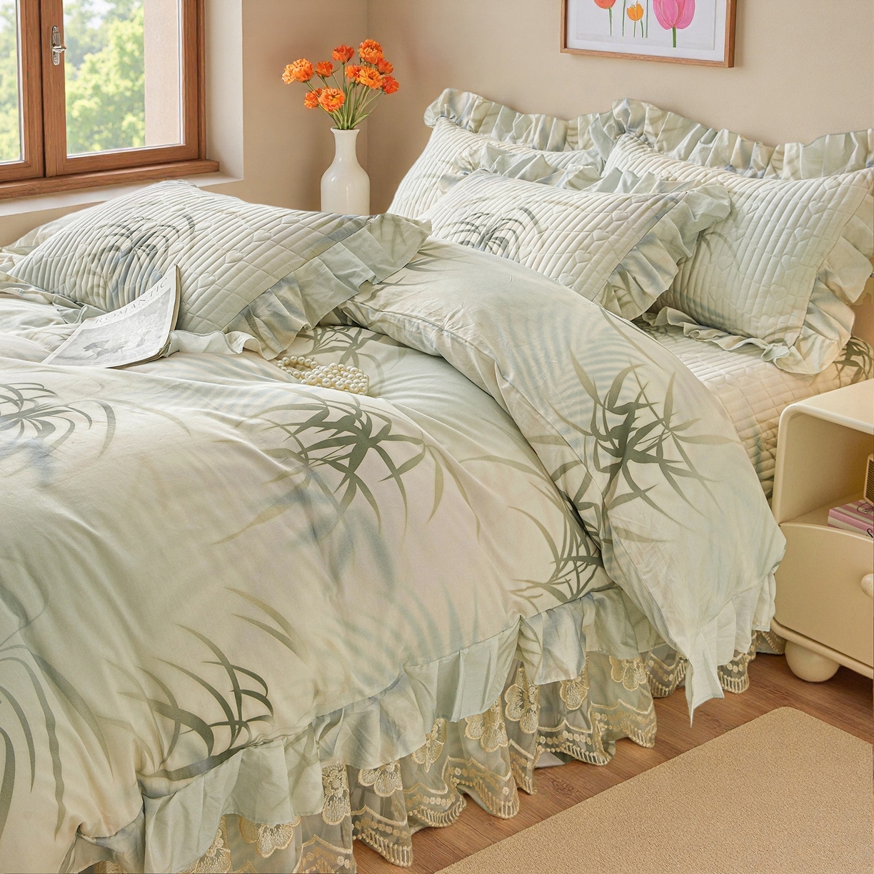 91家纺网 家纺一手货源 找家纺 宜凡家纺 2026新款全棉数码印花床盖三件套④号系列 竹影-绿