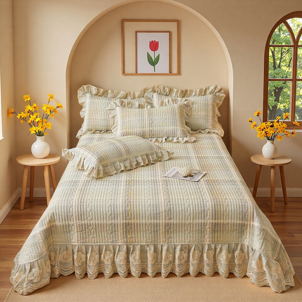 91家纺网 家纺一手货源 找家纺 宜凡家纺 2026新款全棉数码印花床盖四件套④号系列 光之羽-绿