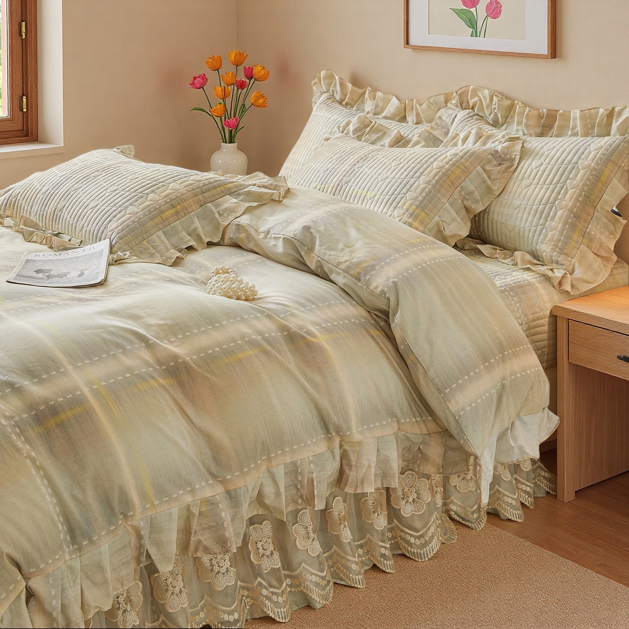 91家纺网 家纺一手货源 找家纺 宜凡家纺 2026新款全棉数码印花床盖四件套④号系列 光之羽-绿