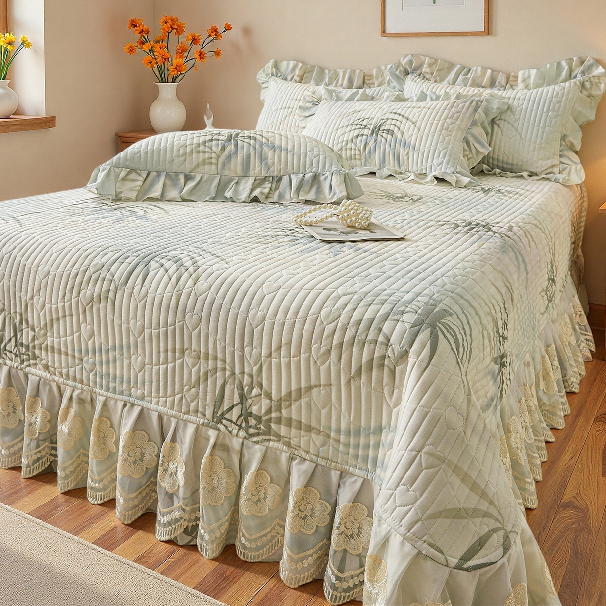 91家纺网 家纺一手货源 找家纺 宜凡家纺 2026新款全棉数码印花床盖四件套④号系列 竹影-绿