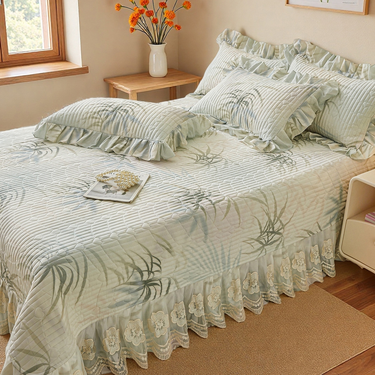 91家纺网 家纺一手货源 找家纺 宜凡家纺 2026新款全棉数码印花床盖四件套④号系列 竹影-绿