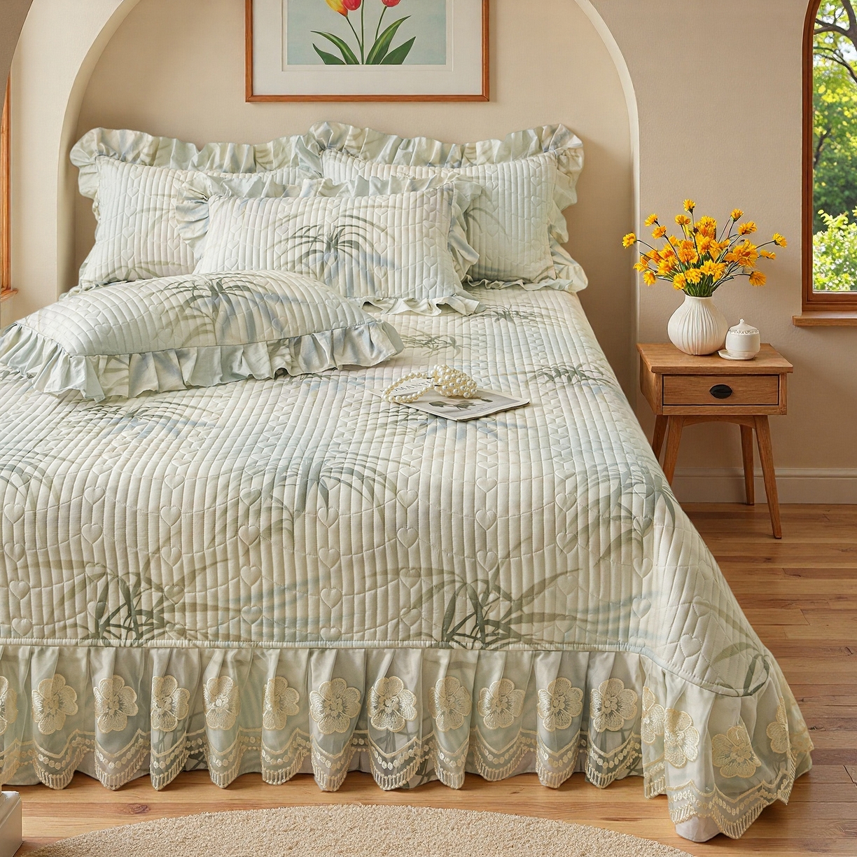 91家纺网 家纺一手货源 找家纺 宜凡家纺 2026新款全棉数码印花床盖四件套④号系列 竹影-绿