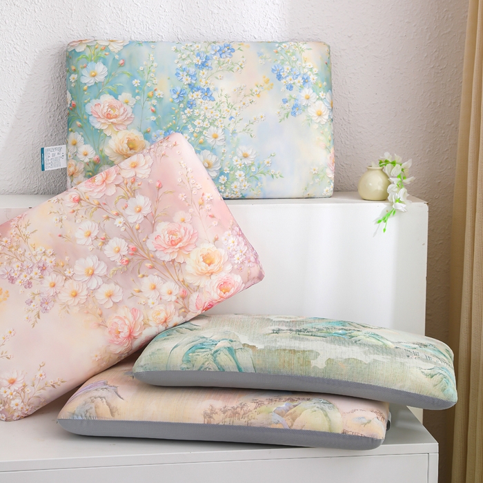 91家纺网 家纺一手货源 找家纺 （总）仁宇枕业 2026新款新品盛世牡丹薄荷印花方形记忆枕头枕芯