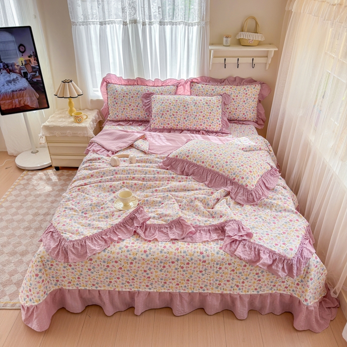 91家纺网 家纺一手货源 找家纺 （总）仟网汇 2026新款密拷花边款法式泡芙纱夏被四件套夏被床盖四件套