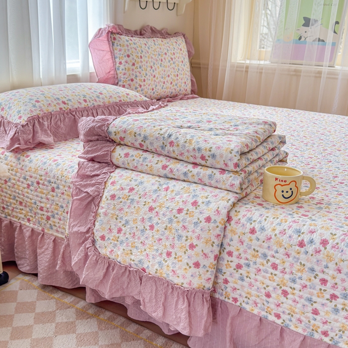 91家纺网 家纺一手货源 找家纺 （总）仟网汇 2026新款密拷花边款法式泡芙纱夏被四件套夏被床盖四件套