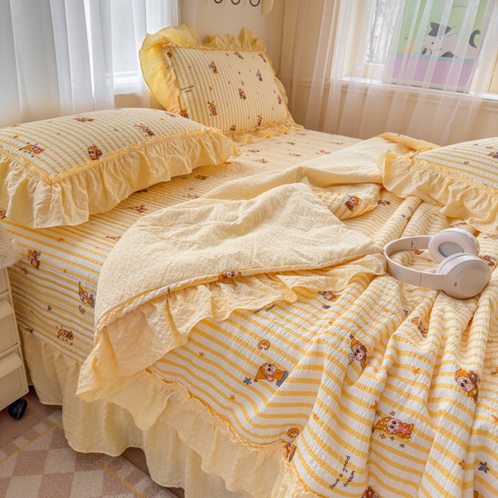 91家纺网 家纺一手货源 找家纺 仟网汇 2026新款密拷花边款法式泡芙纱夏被四件套夏被床盖四件套 梦幻星人