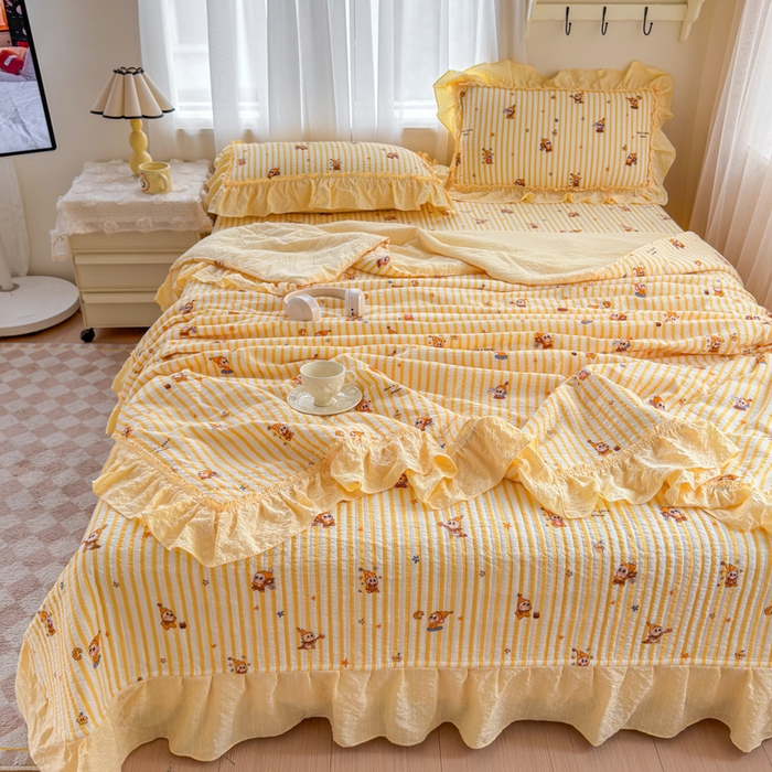 91家纺网 家纺一手货源 找家纺 仟网汇 2026新款密拷花边款法式泡芙纱夏被四件套夏被床盖四件套 梦幻星人