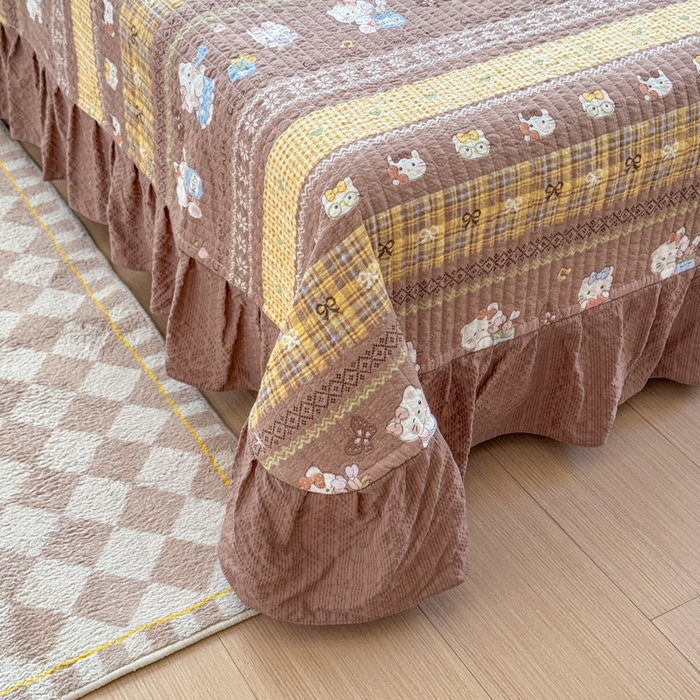 91家纺网 家纺一手货源 找家纺 仟网汇 2026新款密拷花边款法式泡芙纱夏被四件套夏被床盖四件套 奶糖猫咪