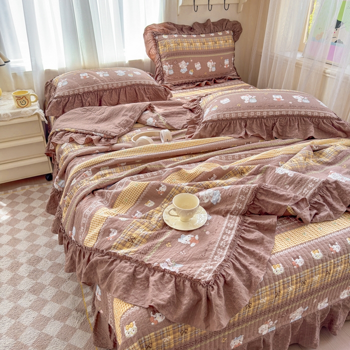 91家纺网 家纺一手货源 找家纺 仟网汇 2026新款密拷花边款法式泡芙纱夏被四件套夏被床盖四件套 奶糖猫咪