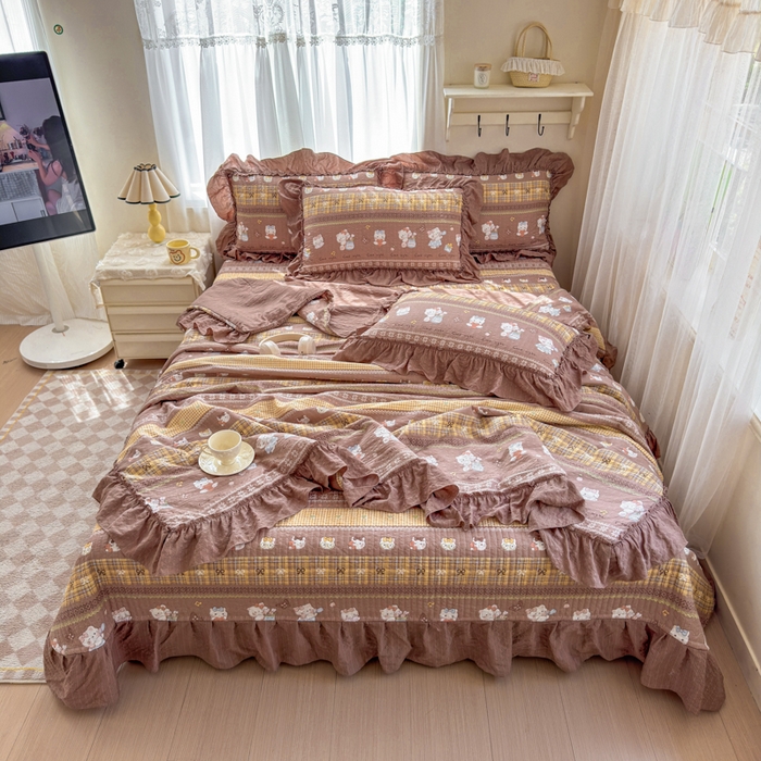 91家纺网 家纺一手货源 找家纺 仟网汇 2026新款密拷花边款法式泡芙纱夏被四件套夏被床盖四件套 奶糖猫咪