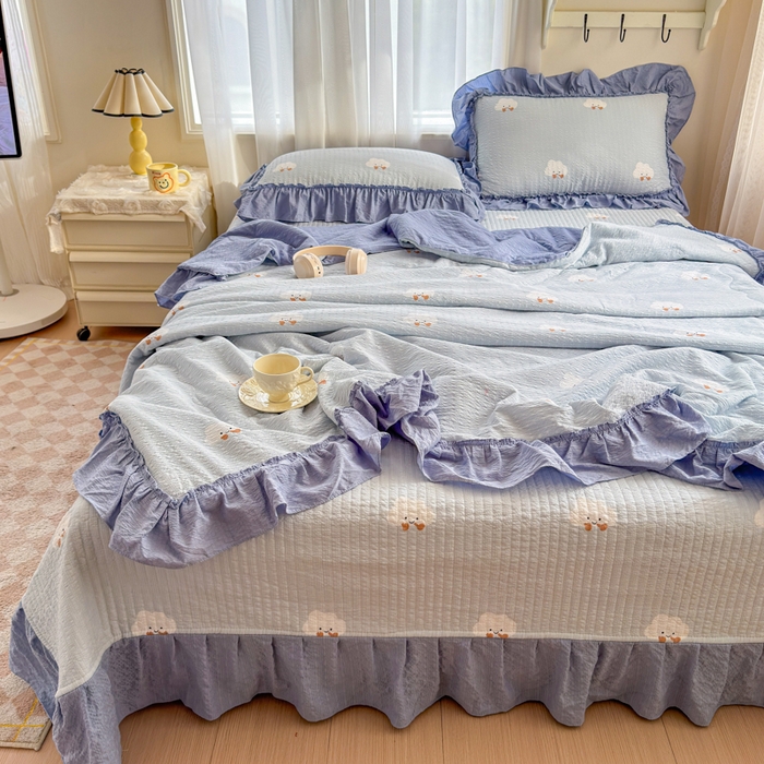 91家纺网 家纺一手货源 找家纺 仟网汇 2026新款密拷花边款法式泡芙纱夏被四件套夏被床盖四件套 小云朵