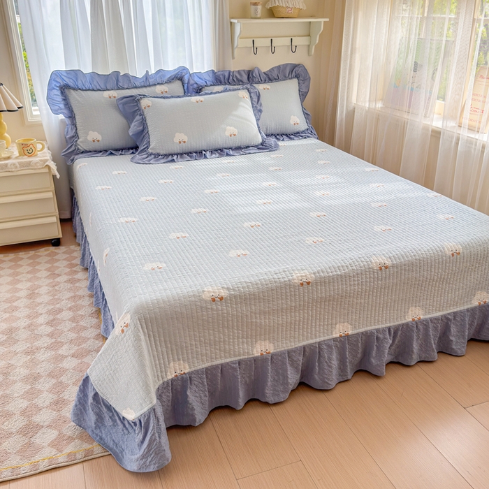 91家纺网 家纺一手货源 找家纺 仟网汇 2026新款密拷花边款法式泡芙纱夏被四件套夏被床盖四件套 小云朵