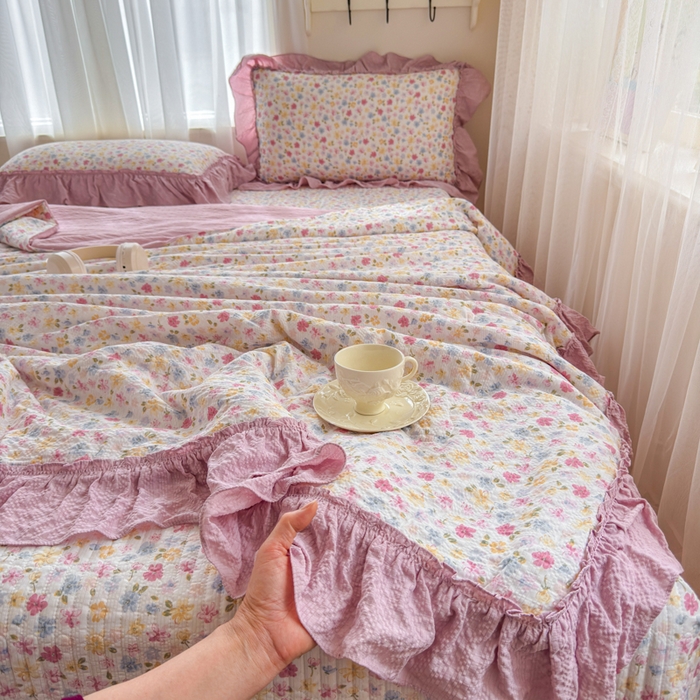 仟网汇 2026新款密拷花边款法式泡芙纱夏被四件套夏被床盖四件套 春日花花