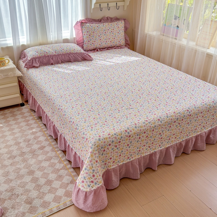 91家纺网 家纺一手货源 找家纺 仟网汇 2026新款密拷花边款法式泡芙纱夏被四件套夏被床盖四件套 春日花花