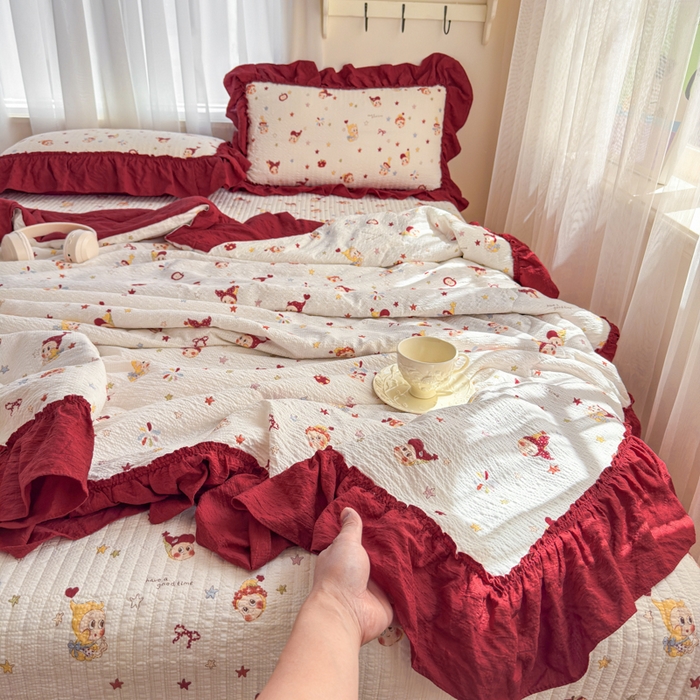 仟网汇 2026新款密拷花边款法式泡芙纱夏被四件套夏被床盖四件套 红红星人