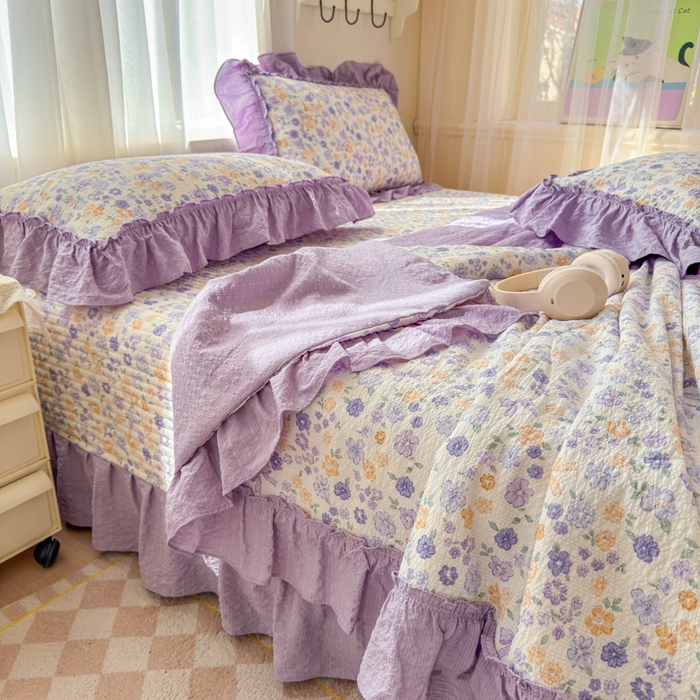 91家纺网 家纺一手货源 找家纺 仟网汇 2026新款密拷花边款法式泡芙纱夏被四件套夏被床盖四件套 紫罗兰