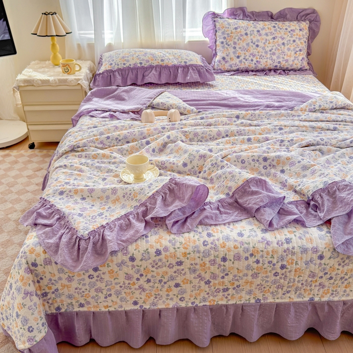 91家纺网 家纺一手货源 找家纺 仟网汇 2026新款密拷花边款法式泡芙纱夏被四件套夏被床盖四件套 紫罗兰