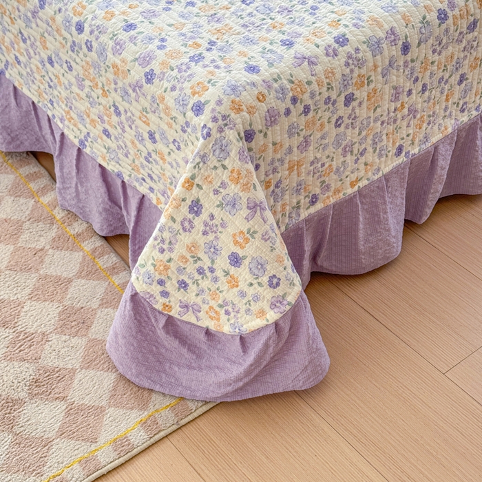 91家纺网 家纺一手货源 找家纺 仟网汇 2026新款密拷花边款法式泡芙纱夏被四件套夏被床盖四件套 紫罗兰